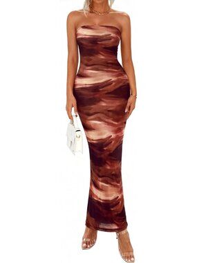 Women's Brown Floral Summer Strapless Maxi Dress Formal Tube Mesh Dress
